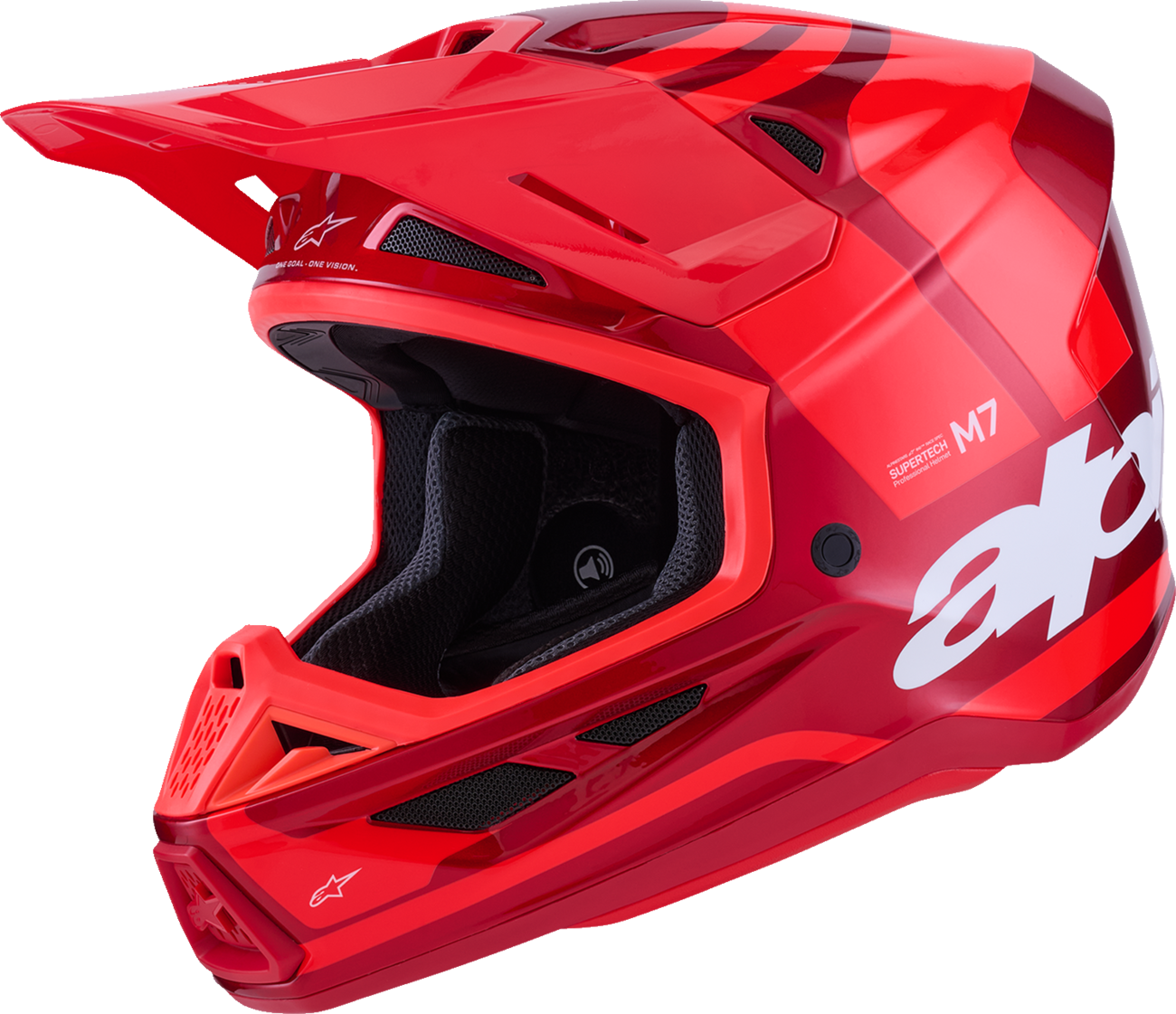 Alpinestars SM7 off-road racing helmet in gloss red with 2XL size, featuring superior ventilation and impact protection.