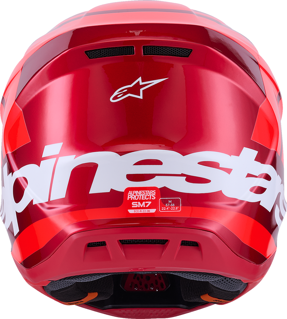 Alpinestars SM7 off-road racing helmet in glossy red with 2XL size, featuring advanced ventilation and impact protection.