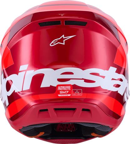 Alpinestars SM7 off-road racing helmet in glossy red with 2XL size, featuring advanced ventilation and impact protection.