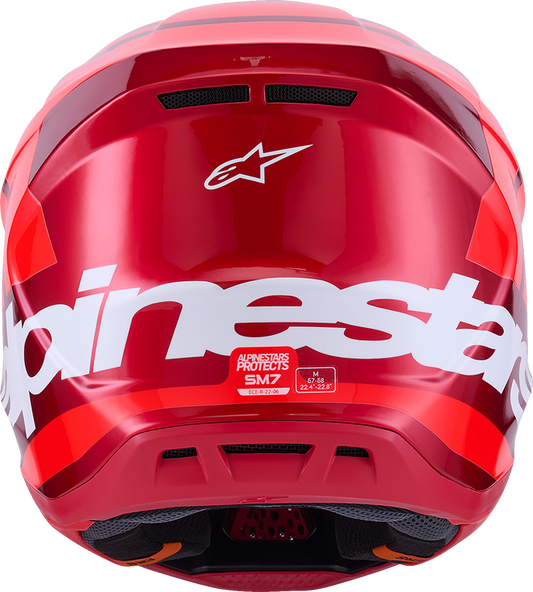Alpinestars SM7 off-road racing helmet in glossy red with 2XL size, featuring advanced ventilation and impact protection.