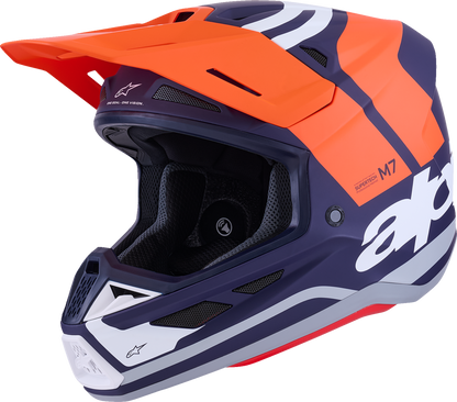 Alpinestars SM7 helmet in core matte orange and blue, large size, featuring aerodynamic design and secure chin strap.