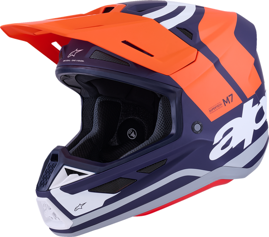 Alpinestars SM7 helmet in core matte orange and blue, large size, featuring aerodynamic design and secure chin strap.