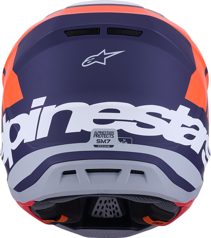Alpinestars SM7 helmet in core matte orange and blue, large size, with aerodynamic design and venting features.