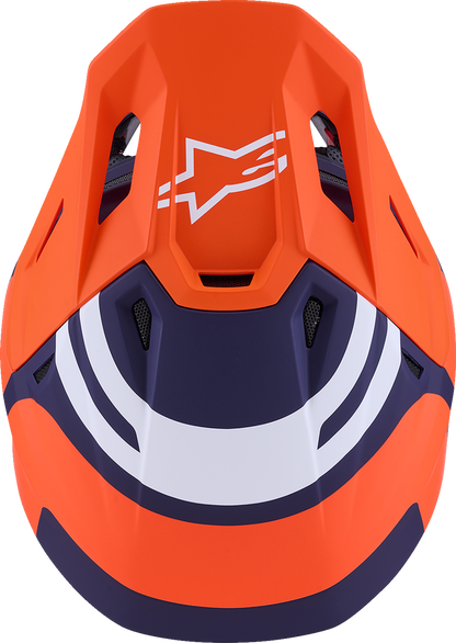 Alpinestars SM7 helmet in core matte orange and blue, large size, with aerodynamic design and ventilation vents.