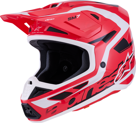 Alpinestars SM7 helmet in Deed Gloss Red, Black, and White with a sleek aerodynamic design, medium size, and brand logo visible.