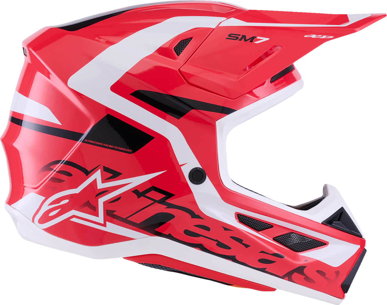 Alpinestars SM7 motorcycle helmet in Deed Gloss Red, Black, and White with a medium size, featuring aerodynamic design and ventilation.