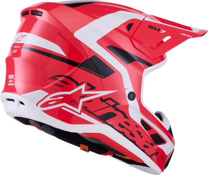 Alpinestars SM7 motorcycle helmet in Deed Gloss Red, Black, and White, medium size, with sleek aerodynamic design