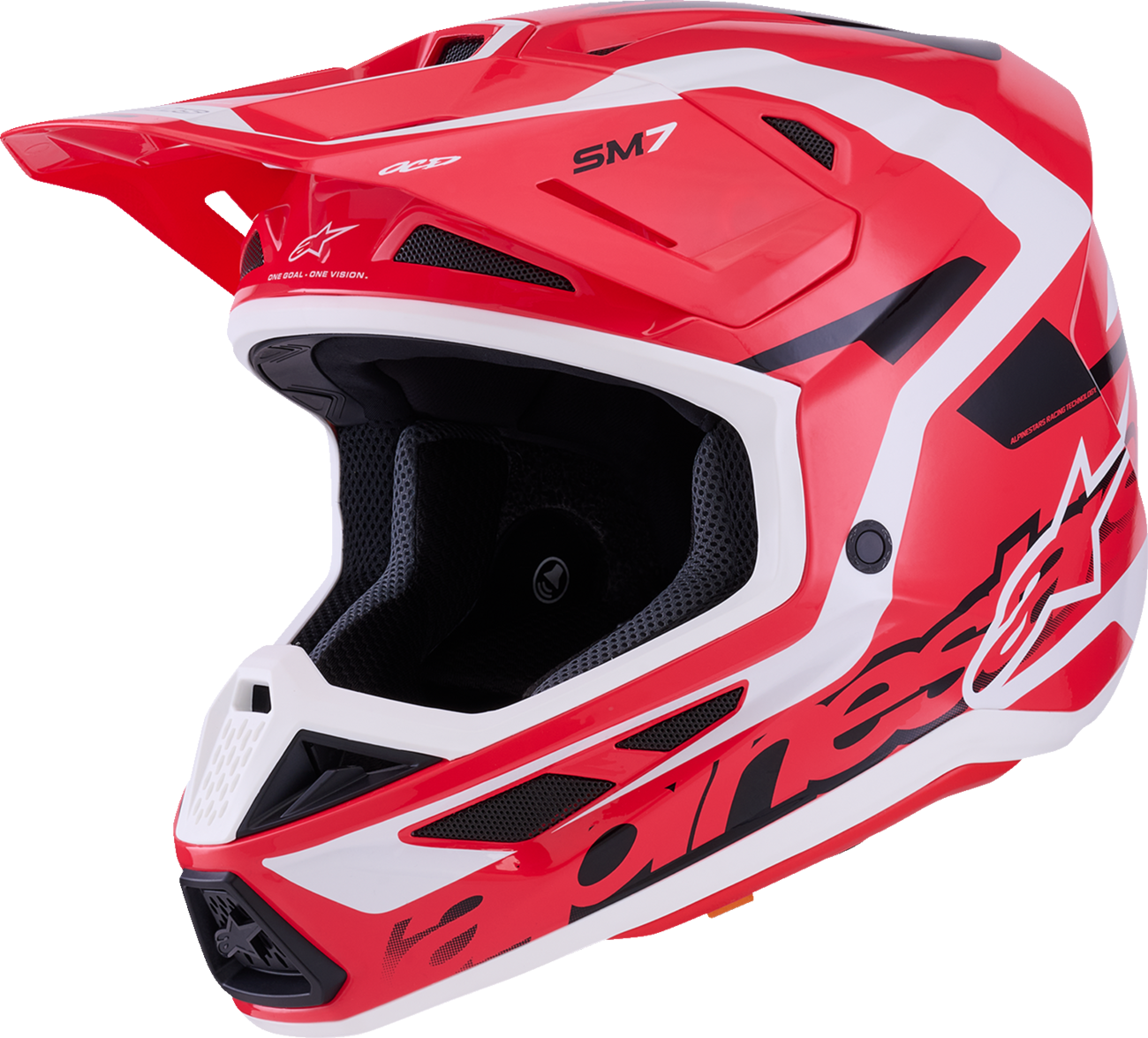 Alpinestars SM7 helmet in Deed Gloss Red, Black, and White with XL size, featuring aerodynamic design and ventilation features.