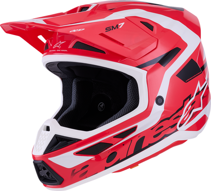 Alpinestars SM7 helmet in Deed Gloss Red, Black, and White with XL size, featuring aerodynamic design and ventilation features.