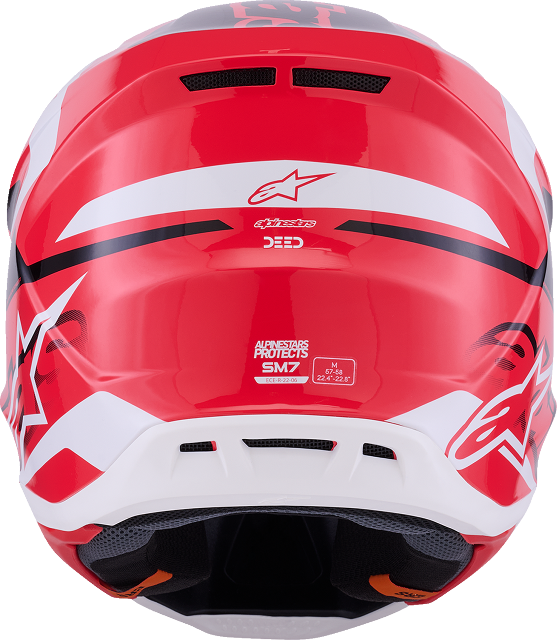 Alpinestars SM7 motorcycle helmet in Deed Gloss Red, Black, and White with XL size, featuring aerodynamic design and ventilation.