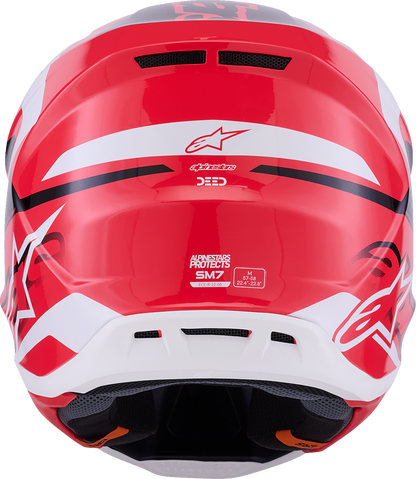 Alpinestars SM7 motorcycle helmet in Deed Gloss Red, Black, and White with XL size, featuring aerodynamic design and ventilation.