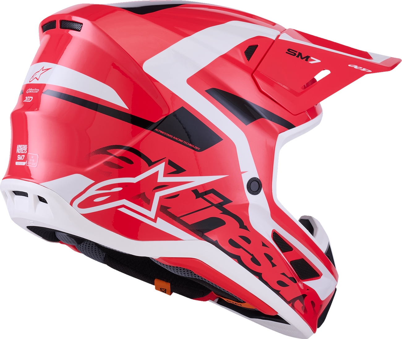 Alpinestars SM7 helmet in Deed Gloss Red, Black, and White with XL size, featuring aerodynamic design and ventilation.