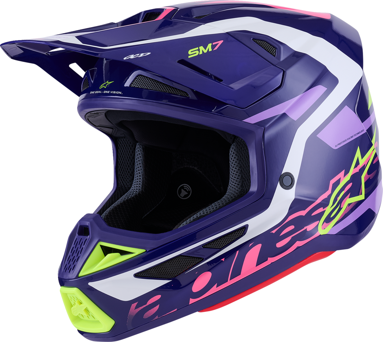 Alpinestars SM7 helmet in Deed Gloss Purple/Pink with lightweight impact protection and advanced ventilation, small size.