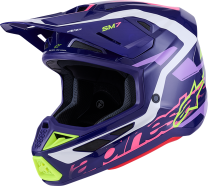 Alpinestars SM7 helmet in Deed Gloss Purple/Pink with lightweight impact protection and advanced ventilation, small size.