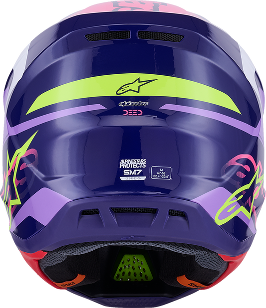 Alpinestars SM7 helmet in deed gloss purple and pink, small size, featuring lightweight impact protection and advanced ventilation.