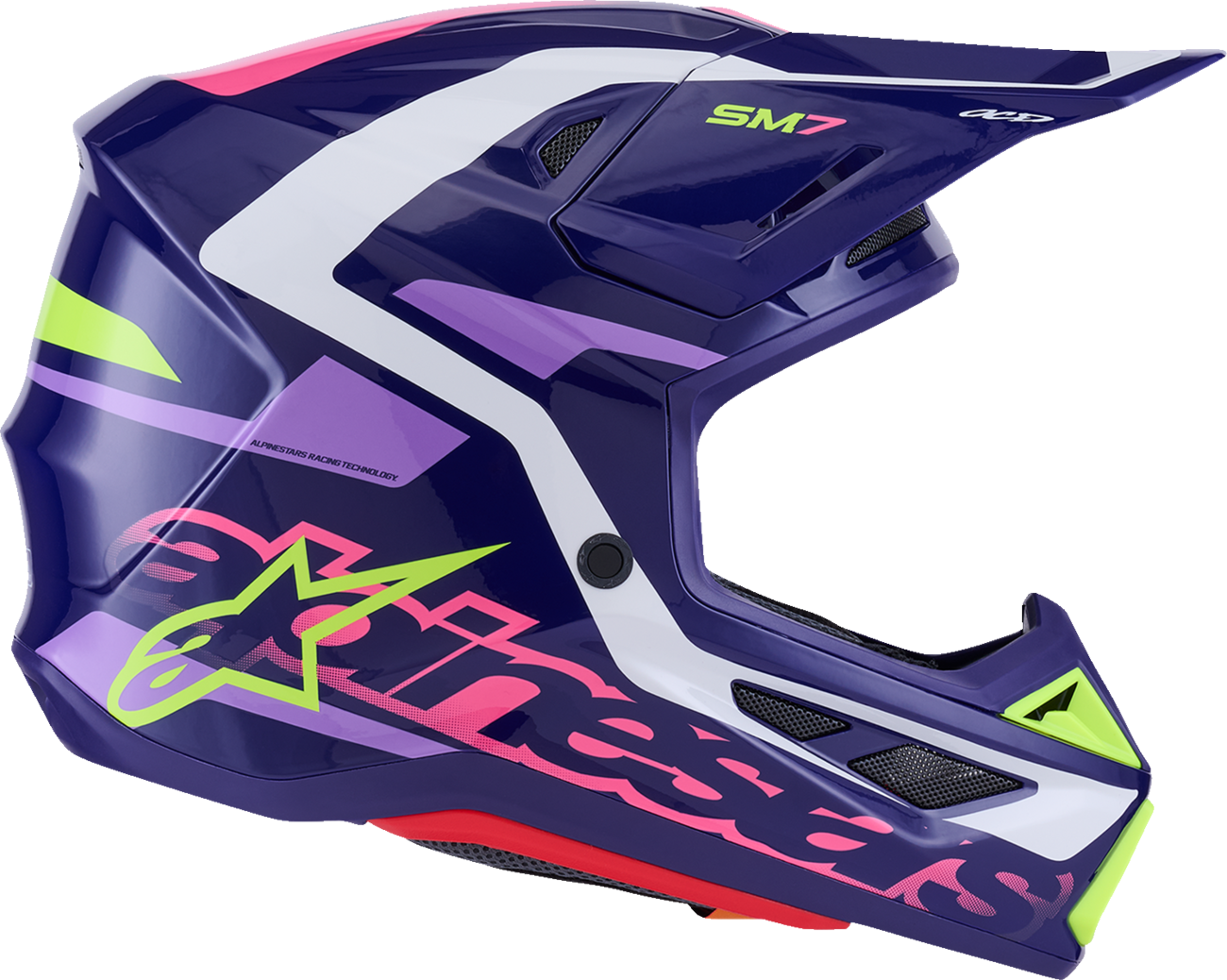 Alpinestars SM7 helmet in deed gloss purple and pink with lightweight design and advanced ventilation, small size for impact protection.