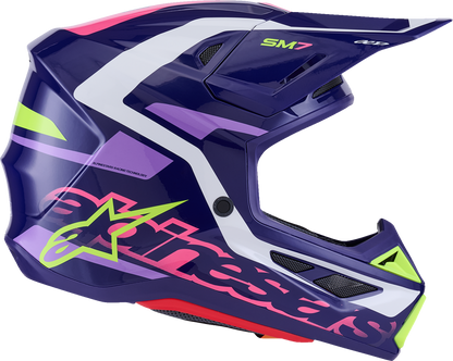 Alpinestars SM7 helmet in deed gloss purple and pink with lightweight design and advanced ventilation, small size for impact protection.