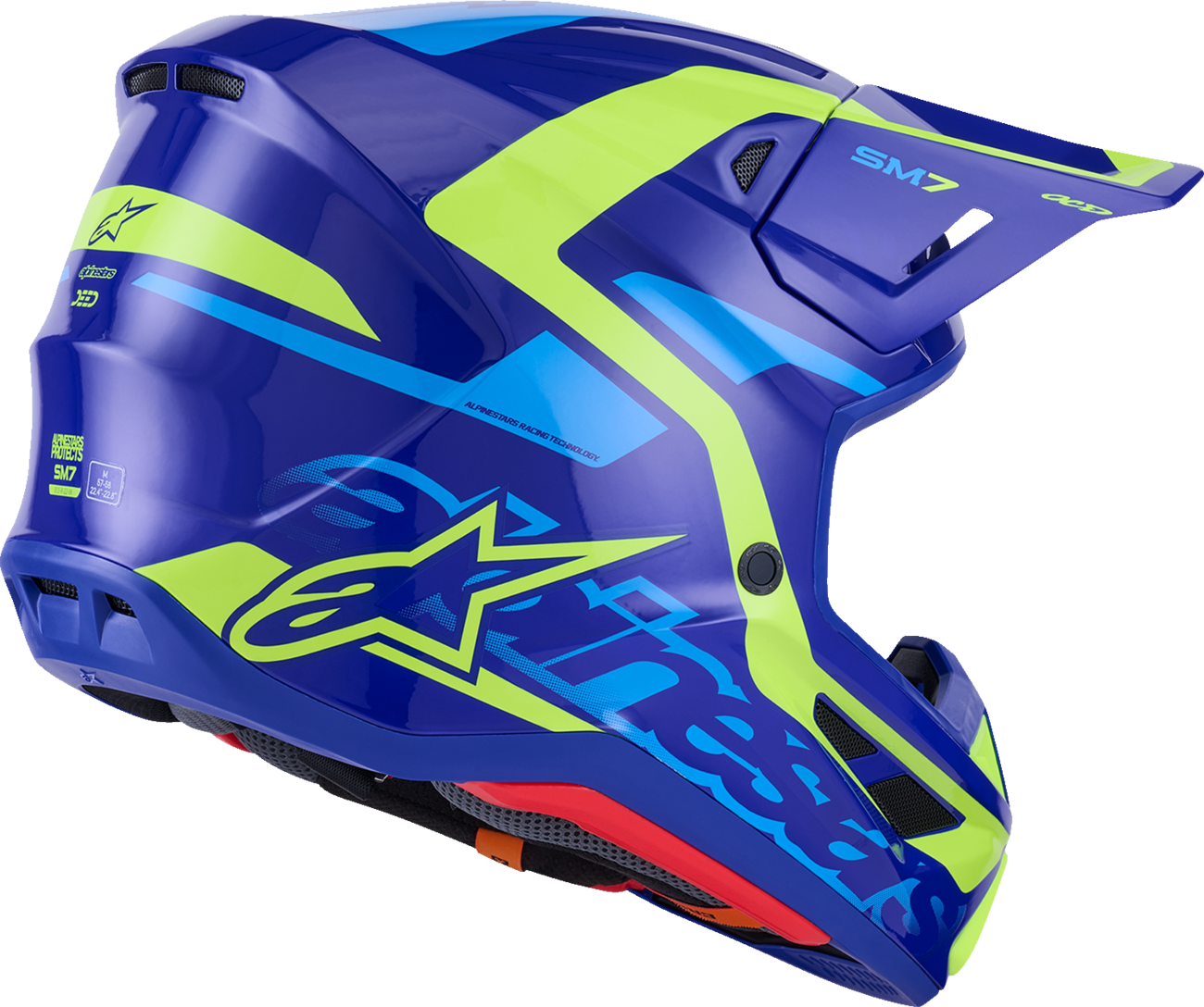 Alpinestars SM7 helmet in deed gloss blue and yellow fluo with a small size, featuring sporty design and ventilation openings.