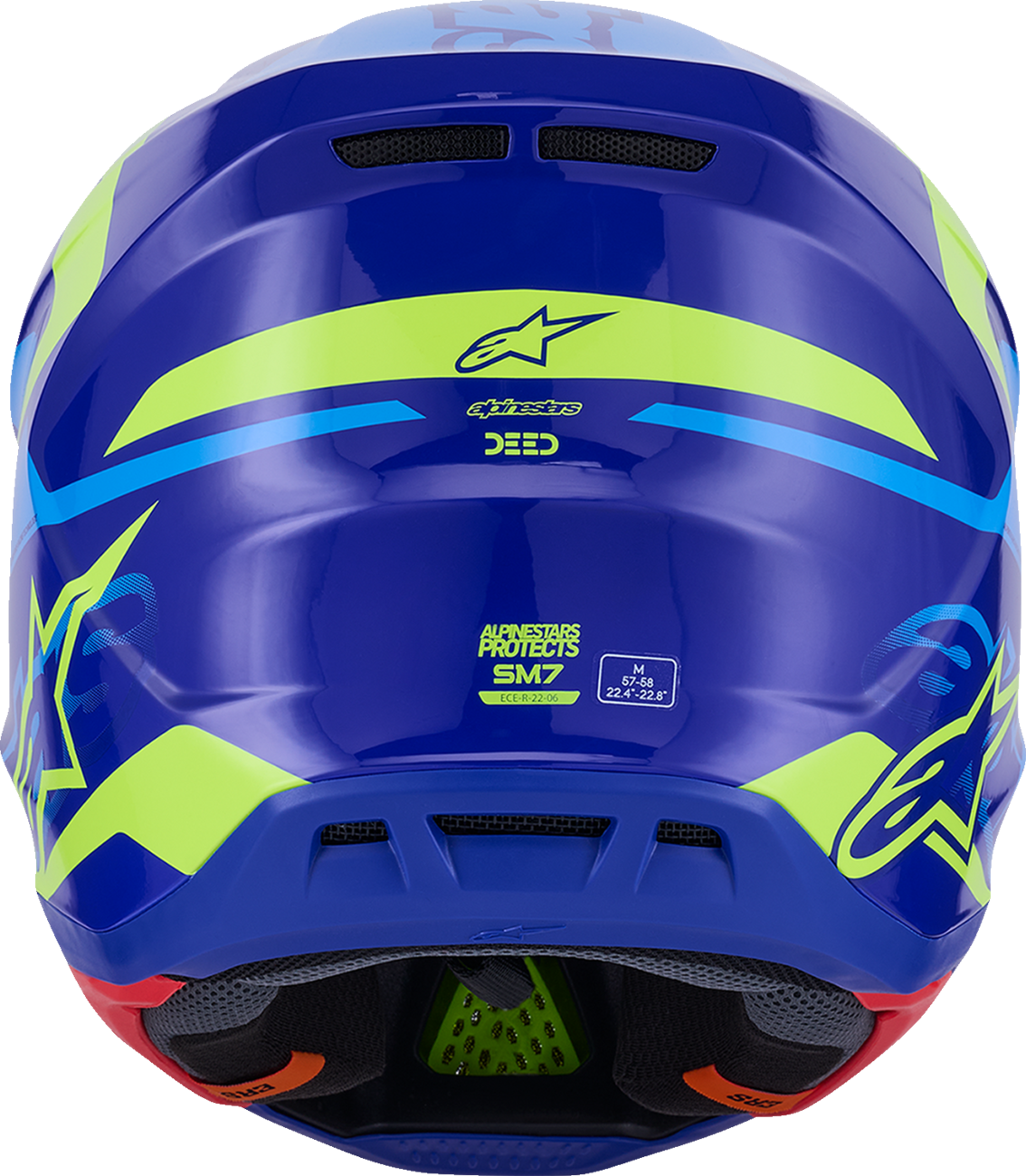 Alpinestars SM7 helmet in Deed Gloss Blue and Yellow Fluo with small size, featuring a sleek racing helmet design.