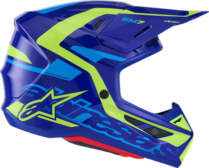 Alpinestars SM7 motorcycle helmet in gloss blue and yellow fluo, size XL, with aerodynamic design and ventilation features.