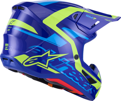 Alpinestars SM7 helmet in Deed Gloss Blue and Yellow Fluo with large size, featuring aerodynamic design and ventilation.