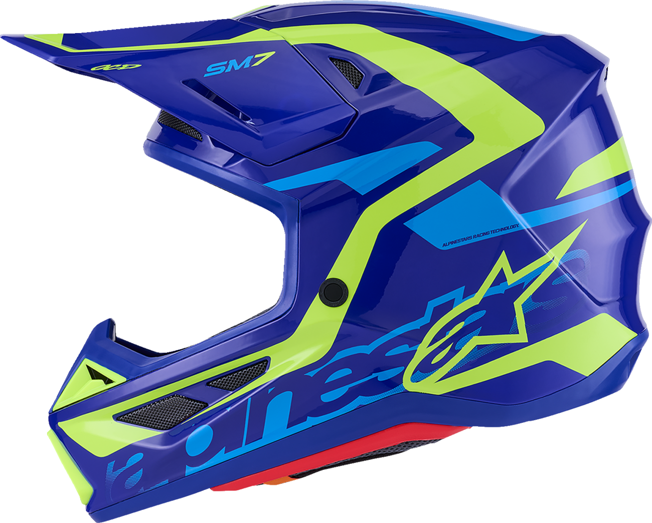 Alpinestars SM7 motorcycle helmet in gloss blue and yellow fluo with XL size, featuring aerodynamic design and ventilation.