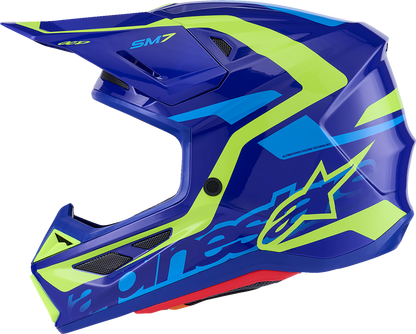 Alpinestars SM7 motorcycle helmet in gloss blue and yellow fluo with XL size, featuring aerodynamic design and ventilation.