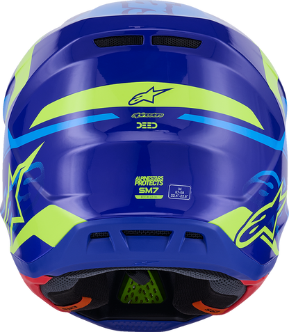 Alpinestars SM7 helmet in Deed Gloss Blue and Yellow Fluo with large size, featuring aerodynamic vents and sleek racing design.