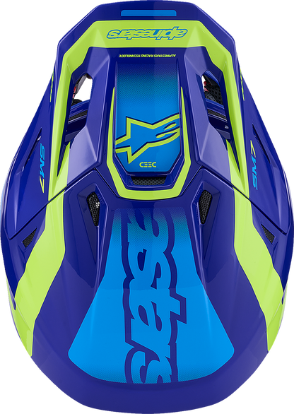 Alpinestars SM7 helmet in Deed Gloss Blue and Yellow Fluo, large size, featuring aerodynamic design and venting system.
