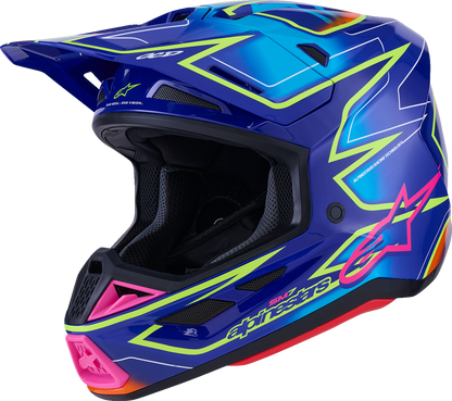 Alpinestars SM7 helmet in cast gloss blue, pink, and yellow fluo with large size, featuring vibrant color details and aerodynamic design.