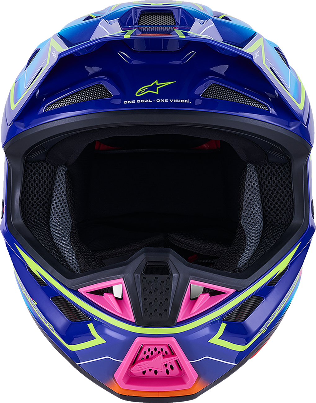 Alpinestars SM7 helmet in gloss blue, pink, and yellow fluo with large size, featuring aerodynamic design and ventilation openings.