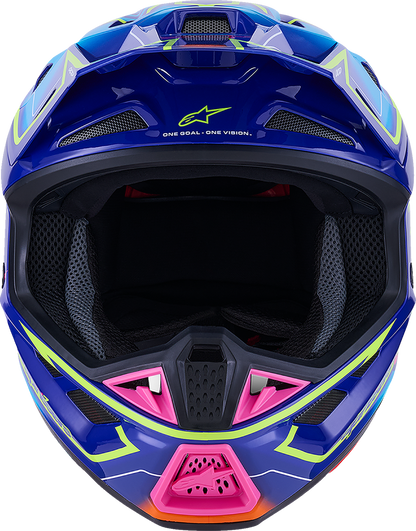 Alpinestars SM7 helmet in gloss blue, pink, and yellow fluo with large size, featuring aerodynamic design and ventilation openings.