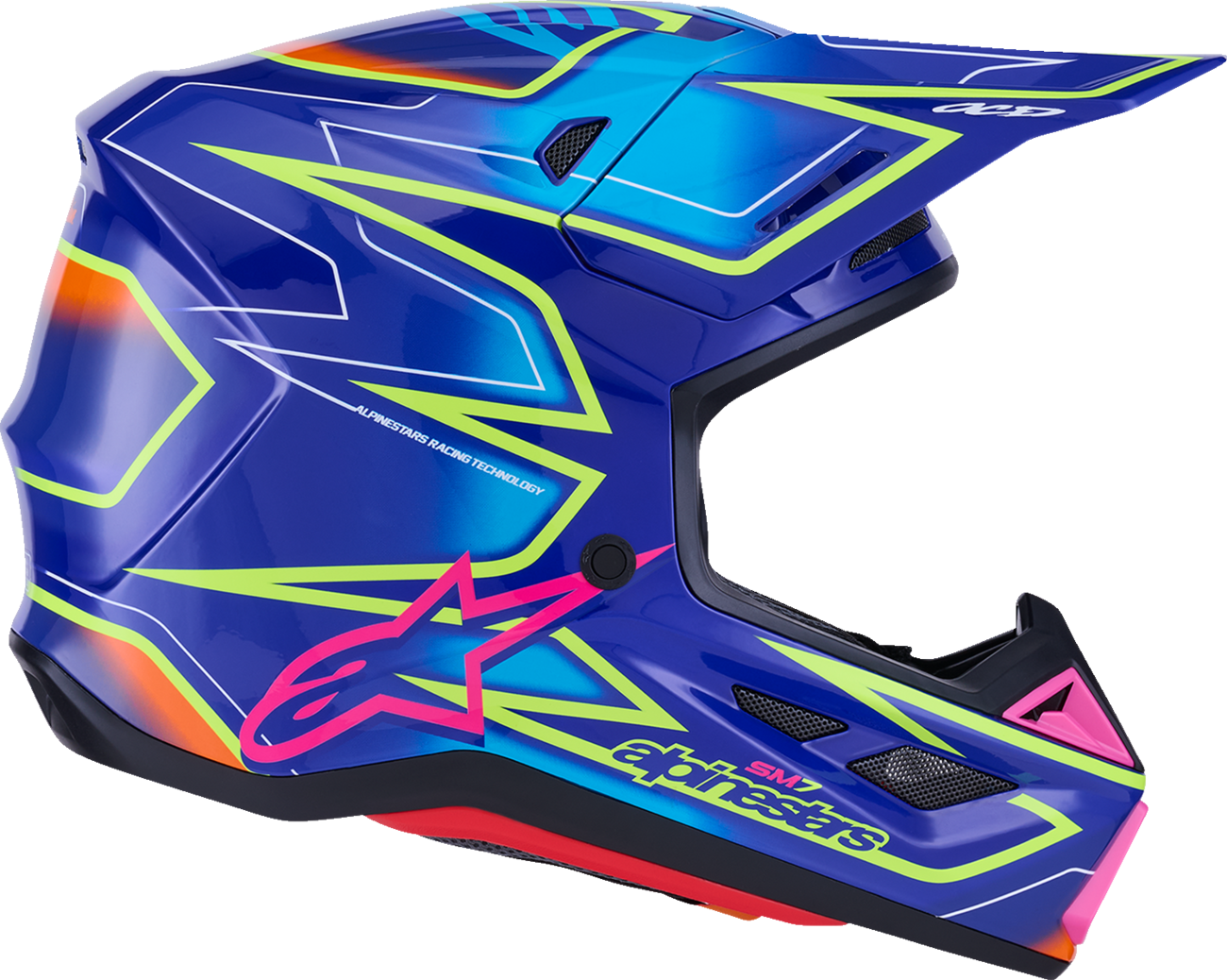 Alpinestars SM7 helmet in cast gloss blue, pink, and yellow fluo with large size, featuring aerodynamic design and ventilation vents.