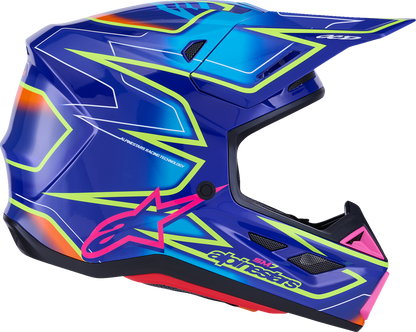 Alpinestars SM7 helmet in cast gloss blue, pink, and yellow fluo with large size, featuring aerodynamic design and ventilation vents.