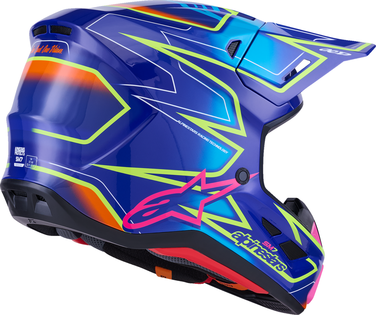 Alpinestars SM7 helmet in cast gloss blue with pink and yellow fluo accents, large size, featuring aerodynamic design and ventilation.