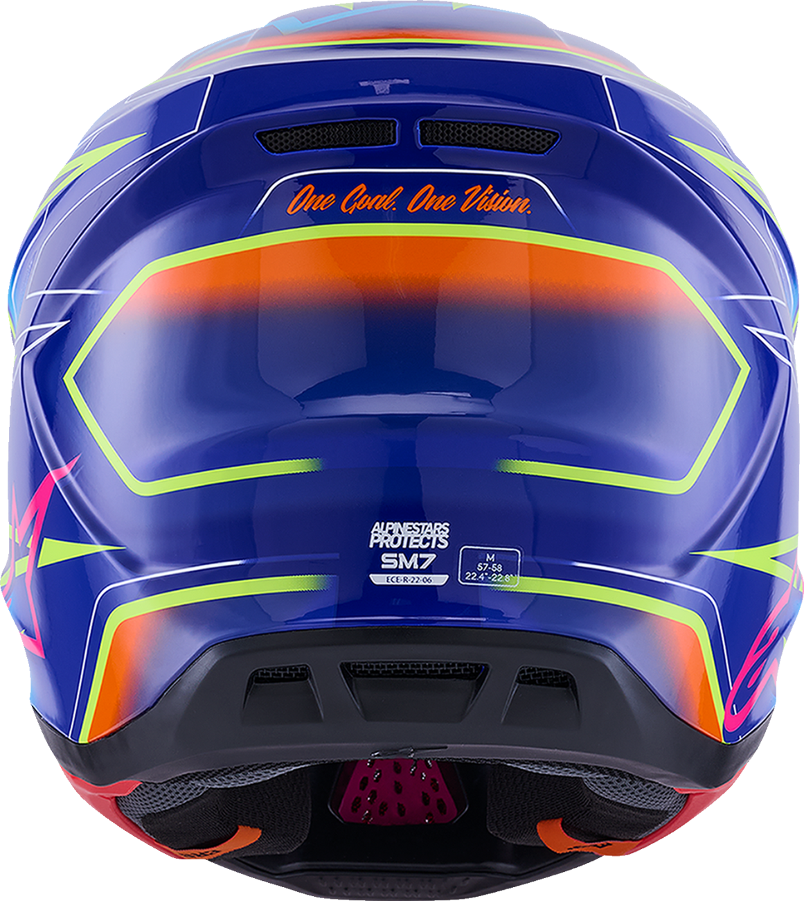 Alpinestars SM7 off-road racing helmet in cast gloss blue pink yellow fluo with superior ventilation and impact protection, size 2XL.