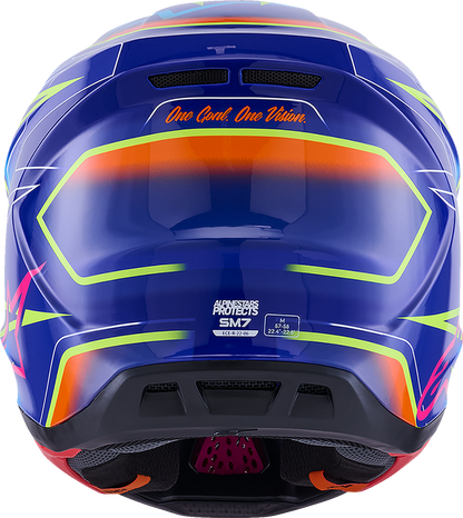 Alpinestars SM7 off-road racing helmet in cast gloss blue pink yellow fluo with superior ventilation and impact protection, size 2XL.