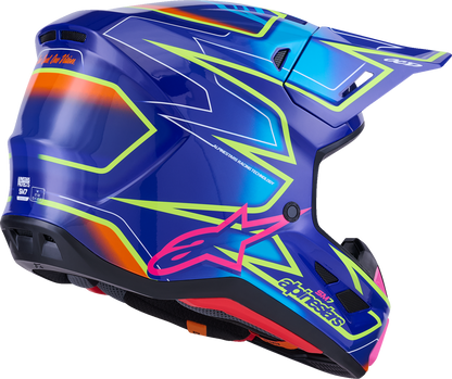 Alpinestars SM7 off-road racing helmet in gloss blue, pink, yellow fluo with superior ventilation and impact protection.