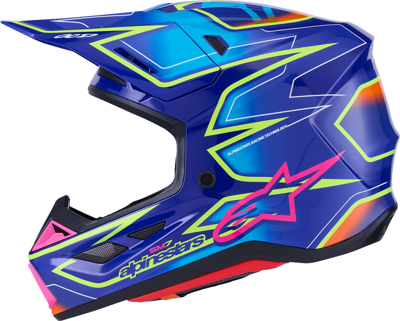 Alpinestars SM7 off-road racing helmet in gloss blue, pink, and yellow fluo with ventilation and impact protection, size 2XL.
