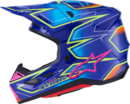 Alpinestars SM7 off-road racing helmet in gloss blue, pink, and yellow fluo with ventilation and impact protection, size 2XL.