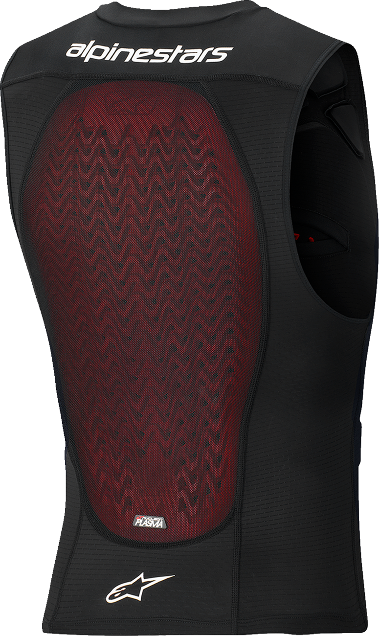 Alpinestars Bionic Plasma LT vest in black and white, large size, designed for motorcycle protection with adjustable straps and padding.