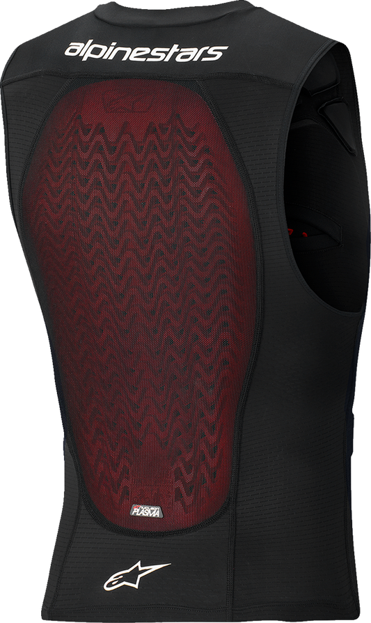 Alpinestars Bionic Plasma LT vest in black and white, large size, designed for motorcycle protection with adjustable straps and padding.