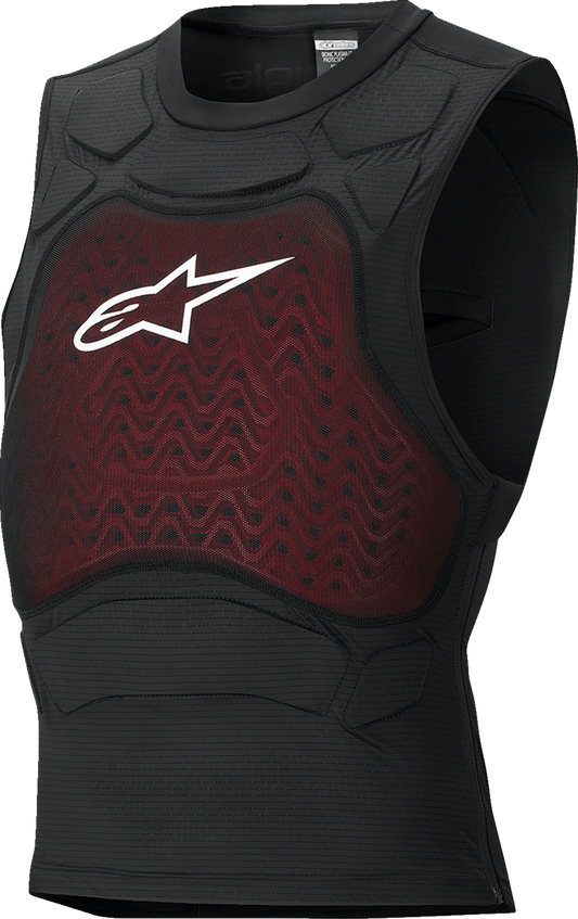 Alpinestars Bionic Plasma LT impact protection vest in black and white, designed for off-road riding, shown on a rider.