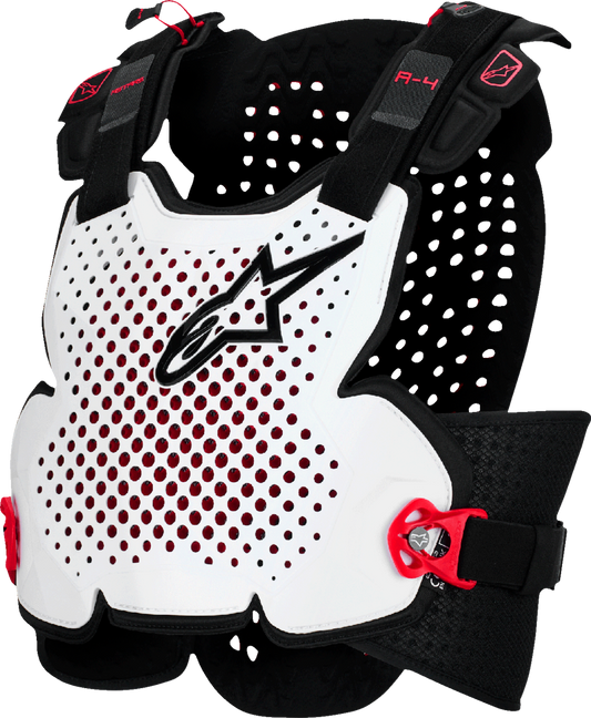 Alpinestars A-4 Plasma Roost Guard in black, red, and white, medium/large size, with protective foam and adjustable straps.