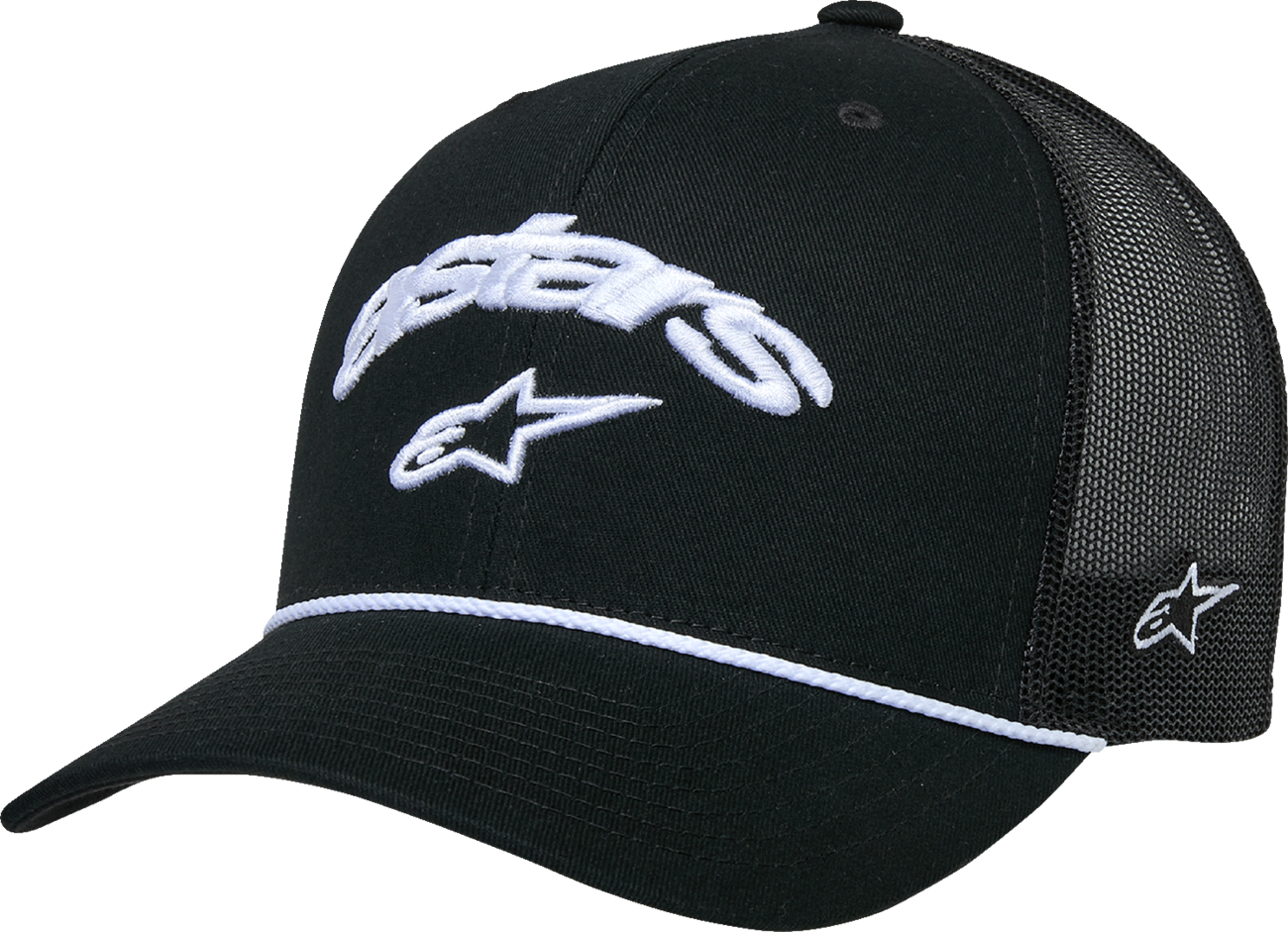 Alpinestars Agree Trucker Hat in black, featuring a mesh back and adjustable snap closure, displayed on a plain background.