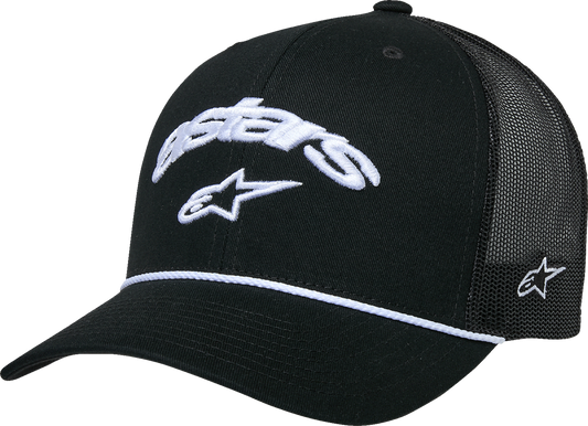 Alpinestars Agree Trucker Hat in black, featuring a mesh back and adjustable snap closure, displayed on a plain background.