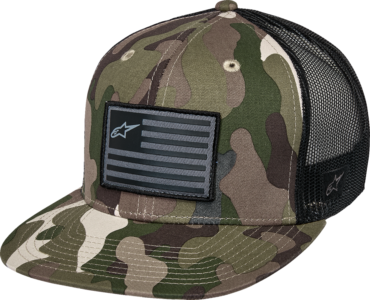 Alpinestars flag flat trucker hat in camo green and black with embroidered logo and mesh back for breathability.