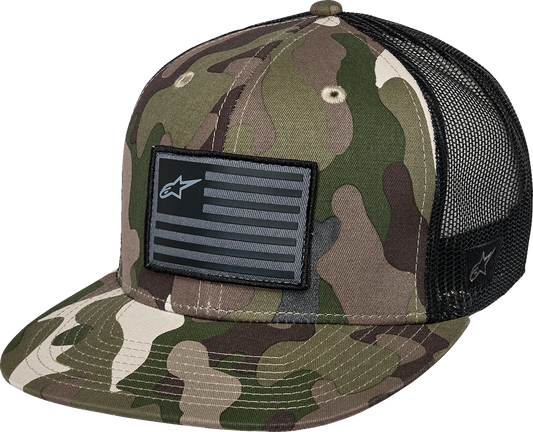 Alpinestars flag flat trucker hat in camo green and black with embroidered logo and mesh back for breathability.