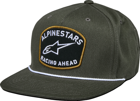 Alpinestars Promptus Snapback Hat in military style, featuring a structured design and adjustable strap, front logo detail.