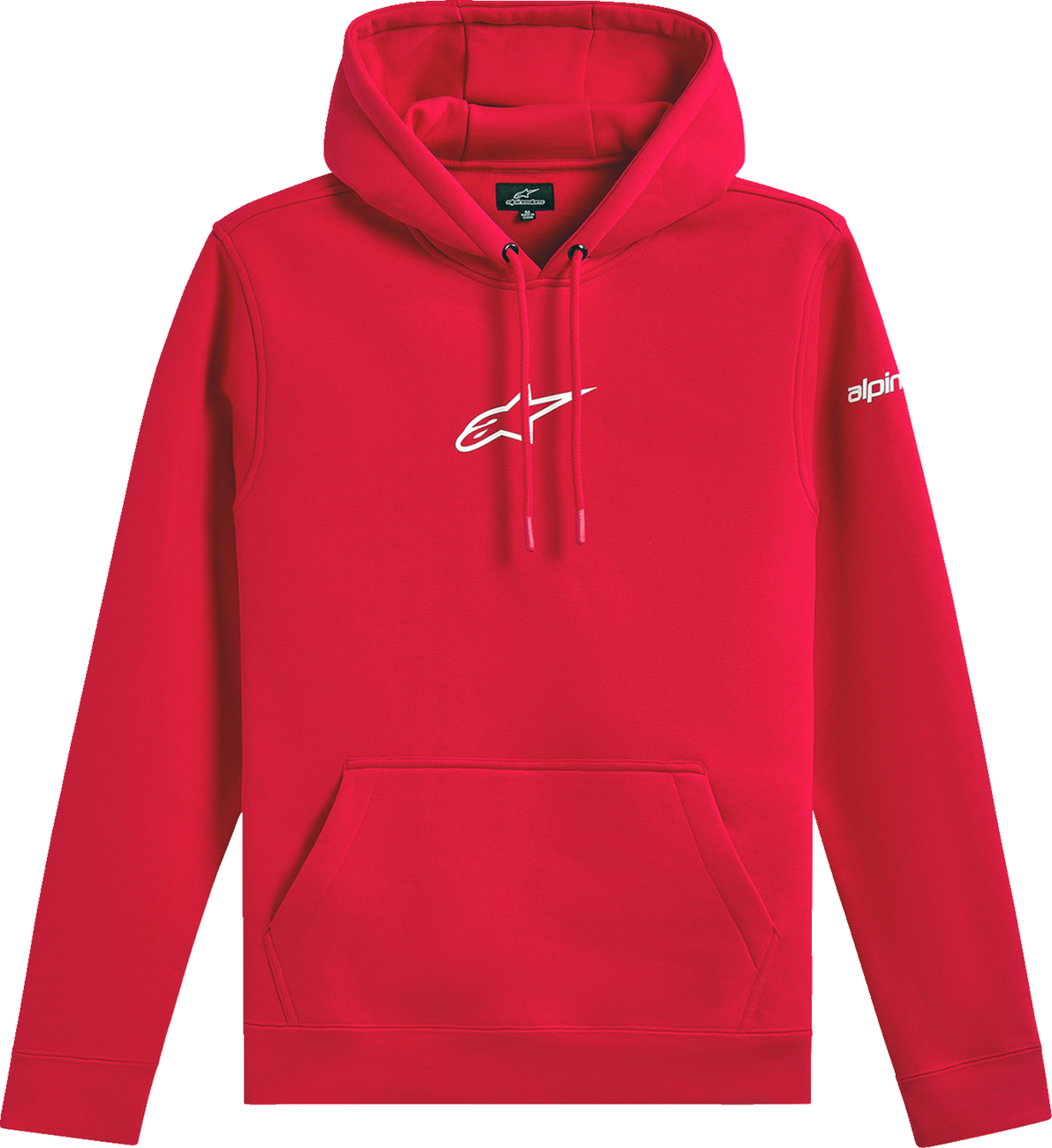 Red Alpinestars frontal pullover hoodie in size large, featuring the brand's logo and comfortable casual design.